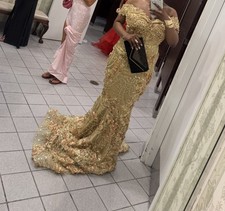 Gold Off-Shoulder Sweetheart Mermaid Formal Gown w/ Train Sequin Beaded