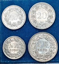 Swiss 4 Coin Lot, 1970 1 Franc, 1968 1/2 Franc, 1981 20 Rappen, 1975 10 Rappen