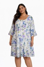 Plus Size Multicolor Floral A-Line Dress 3/4 Sleeve Knee Length