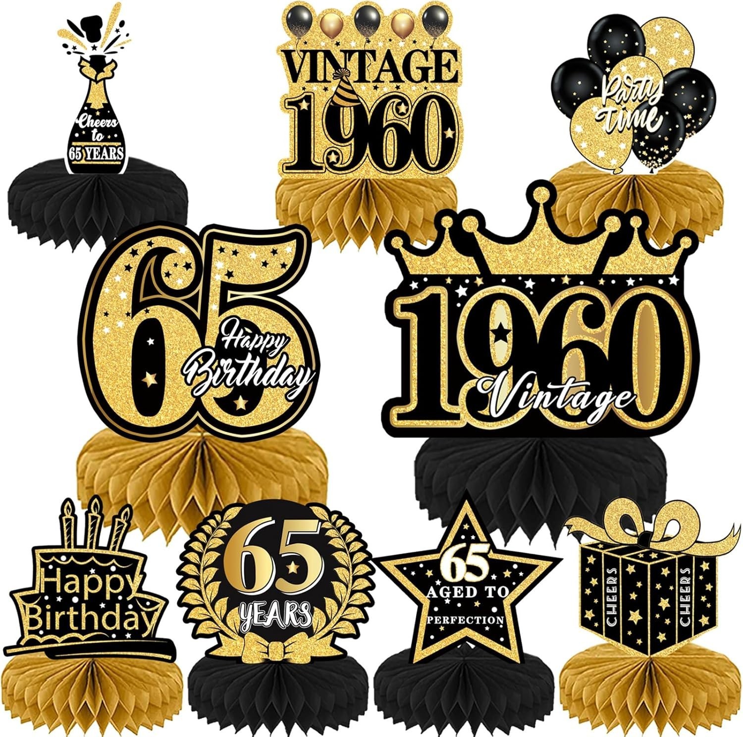 65th Birthday Decorations for Men - 9PCS Vintage 65th Birthday Honeycomb Cent...