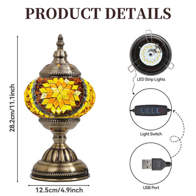 Turkish Mosaic Lamp USB LED Table Light, Pineapple Shape Decor, 11.1x4.9''