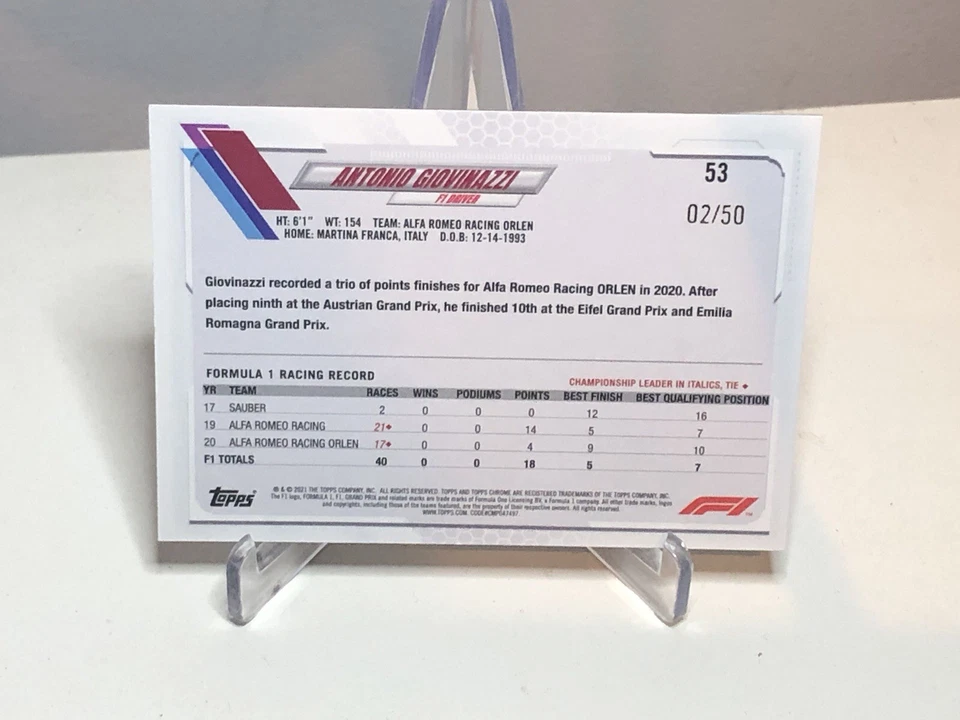 2021 Topps Chrome Formula 1 Antonio Giovinazzi Gold Checkered Flag/50 - Image 2 of 2