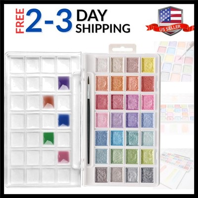 28 Metallic Watercolor Paint Set, Glitter Colors, Semi-Moist Pearlescent Wate...