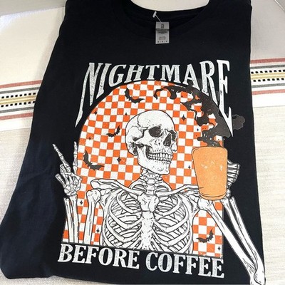  Nightmare Before Coffee  Black Cotton  Gildan Graphic Print Tee New Without Tag