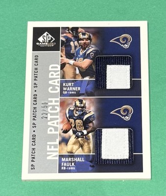 2003 UD SP GAME USED KURT WARNER MARSHALL FAULK DUAL 2 COLOR GAME USED PATCH /50