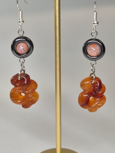 Natural Hand Carved Snake Agate And Hematite Earrings Stainless Steel - Picture 2 of 20