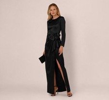 Adrianna Papell Size 8 Black Satin Bow Gown Formal Dress NWT Long Sleeve Modest