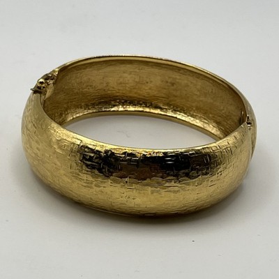 Vintage Monet Textured Brushed Gold Tone Hinged Bangle Bracelet Safety Closure