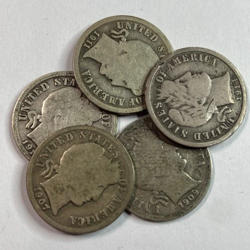 [Lot of 5] SILVER Barber Dimes - 90% Silver -