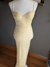 Windsor S Pale Yellow Floral Sequin Maxi Dress Strappy Open Back Side Slit Prom