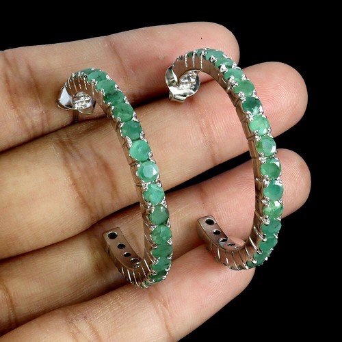 925 Sterling Silver Earrings Round Emerald 3mm Natural Gemstone jewelry - Picture 2 of 14