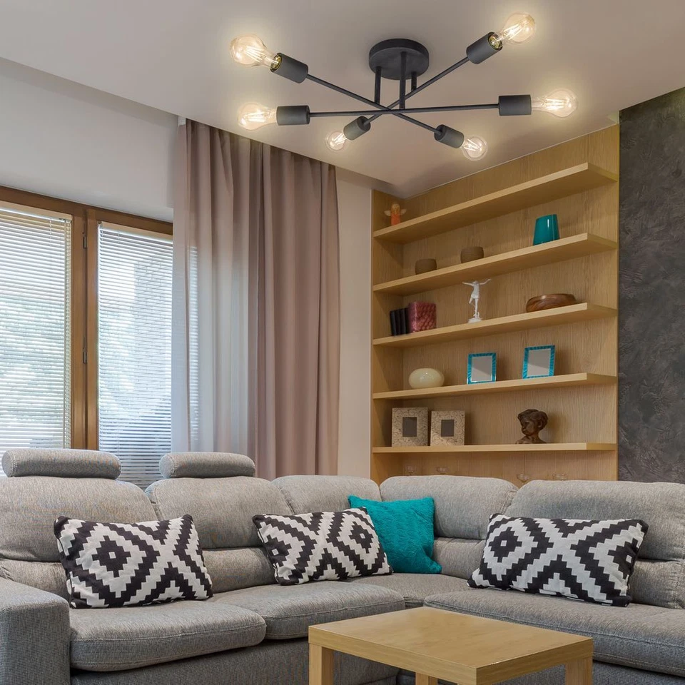 Plafonnier design vintage noir lustre rétro 6 spots E27 orientable industriel - Photo 2/4