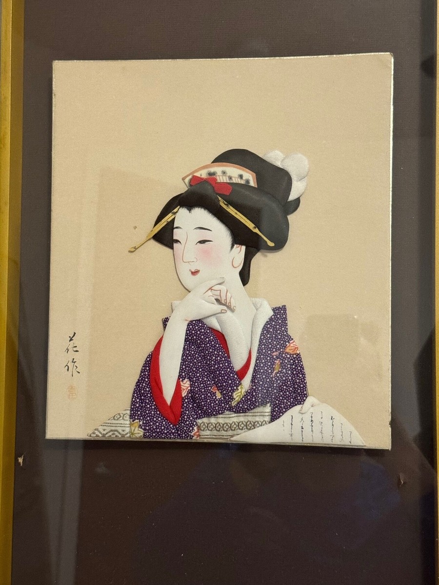肉筆画美人画 GeishaGirl 着物アンティーク風画額縁付 肉筆画美人画 GeishaGirl 着物アンティーク風画額縁付