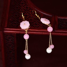 Pink Jade Flower Earrings Natural Amulets Chinese Women 925 Silver Jewelry