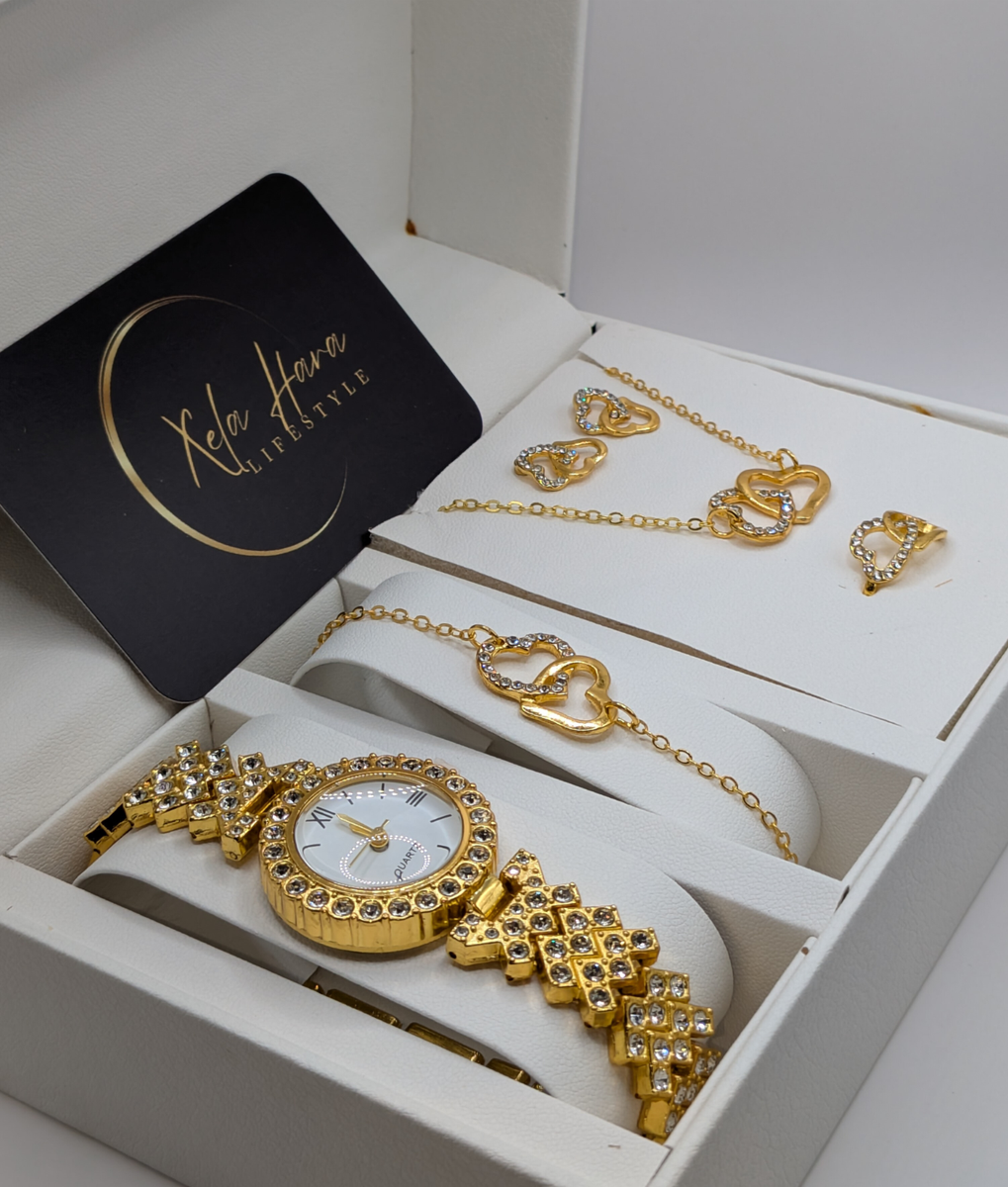 Gold Watch Jewellery Set Necklace Bracelet Earrings Ring Mother's