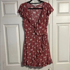 AMERICAN EAGLE Size X-Small Pink Floral Ruffled Wrap Sundress Flutter Sleeves