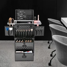 4-in-1 Pro Aluminum Rolling Makeup Case Salon Cosmetic Organizer Trolley Black