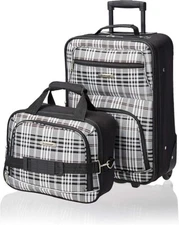 Rockland Fashion Softside CarryOn Luggage Set Expandable Rolling Black Plaid 2PC