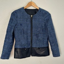Blue Tweed Black 100% Leather Moto Jacket Blazer Full Zip $395 Mobwife
