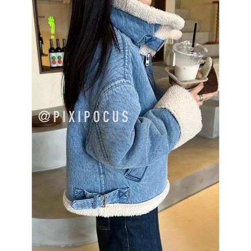 ZARA NEW FAUX SHEARLING BIKER JACKET MOTO DENIM BLUE M MEDIUM 3548/250 - Picture 4 of 19