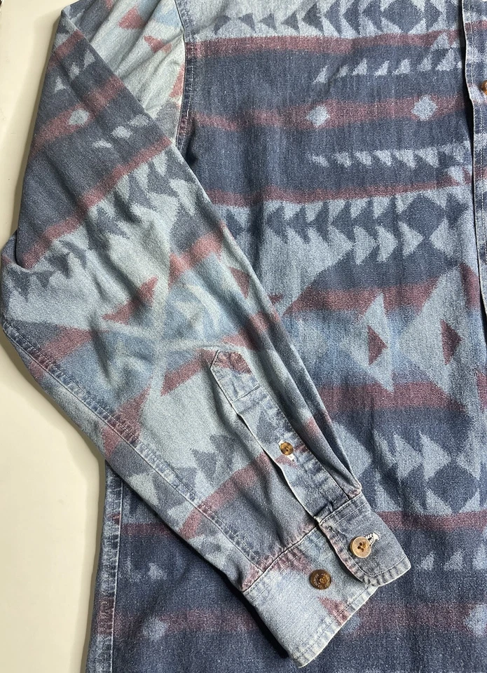 Jansport Button Up Long sleeve Shirt Denim Aztec Y2K 90s AllOver Cotton Sz M Vtg - Image 3 of 4