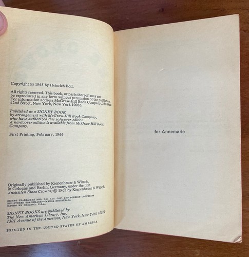 The Clown Heinrich Boll Germany Novel Signet T2783 1st Printing 1966 - Picture 6 of 6