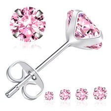 Solid 925 Sterling Silver Round Pink Cubic Zirconia CZ Stud Post Earrings 2-8mm