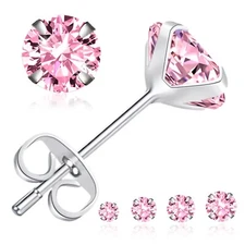 Solid 925 Sterling Silver Round Pink Cubic Zirconia CZ Stud Post Earrings 2-8mm