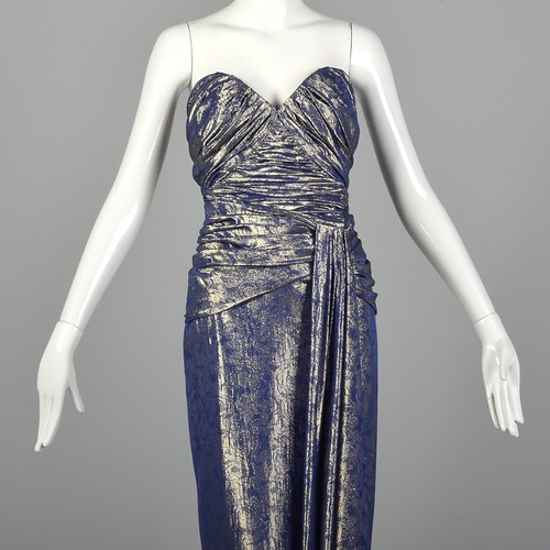 XS Blue Evening Gown 1970s Gold Lamé Strapless Sweetheart Formal Prom Dress VTG - Picture 4 of 10