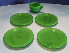 Vtg Lot of 5 Akro Agate Play Dishes Slag Glass Green Jadeite Child's Tea