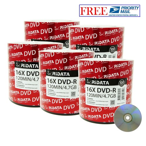 500 Pack Ridata DVD-R 16X 4.7GB 120 Min Silver Logo Top Blank Recordable Disc - Afbeelding 1 van 3