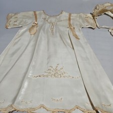 ANTIQUE INFANT SATIN CHRISTENING GOWN HAT BLANKET WITH LACE EMBROIDERY BEAUTIFUL