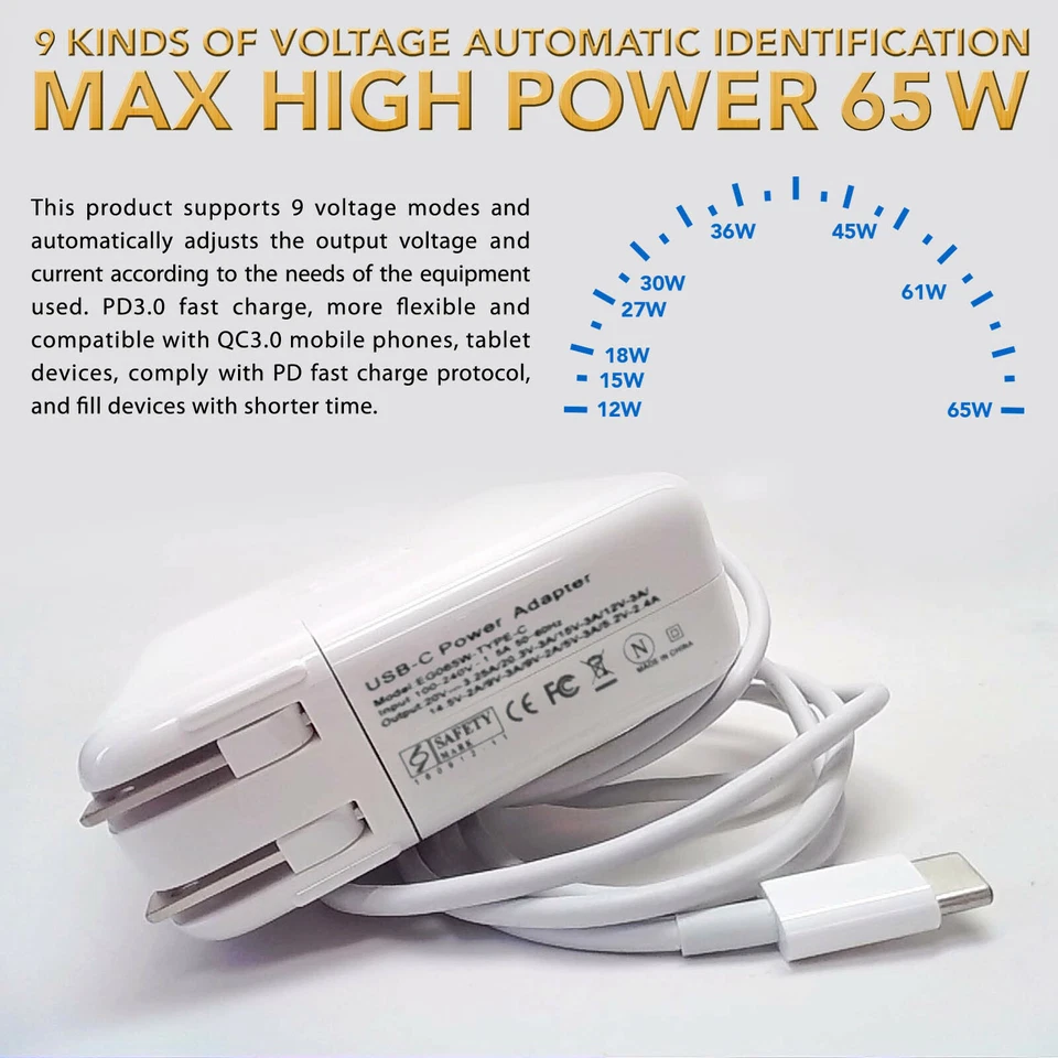 61W Type C USB C AC Adapter Charger for MacBook Pro 13" 2016 2017 2018 A1708 - Image 3 of 4