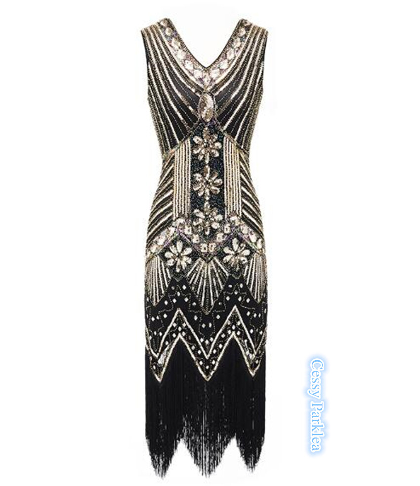 green emerald velvet dress Zapaka Women 1920 Dress Black and Gold Sequin Flapper Gatsby Dress with Fringes, Black / L main image 1