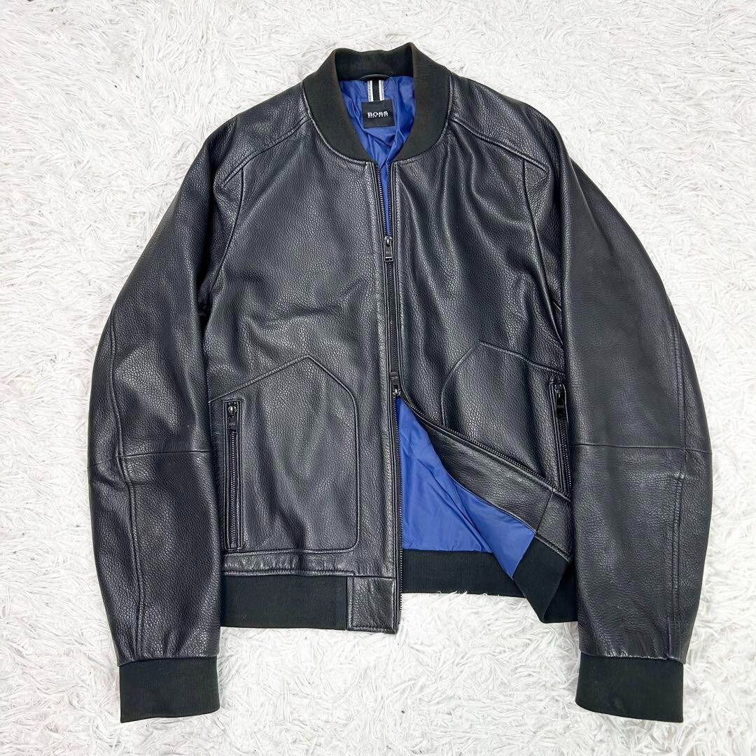 HUGO BOSS Lamb Leather Jacket Blue Size 50 Double Zip Used HUGO BOSS Lamb Leather Jacket Blue Size 50 Double Zip Used