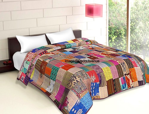 Indian Handmade Silk Patchwork Kantha Quilt Bohemian Bedspread Blanket Throw - 第 5/7 張圖片
