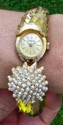 Damen Spangenuhr Armbanduhr, 18K echt vergoldet, 60er J., Handaufzug, ungetragen - Bild 1 von 4