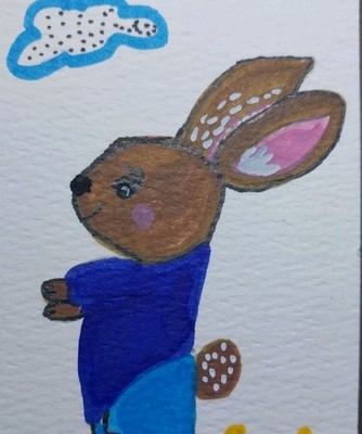 ACEO Original Painting Art Hand Painted  Signed Bunny Rabbit Whimsical Animals