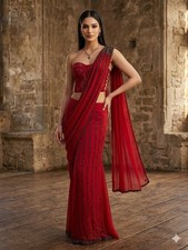 Gaurav Gupta Inspired Red Saree Lehenga Hand Embroidered Cutdana Beadwork XS