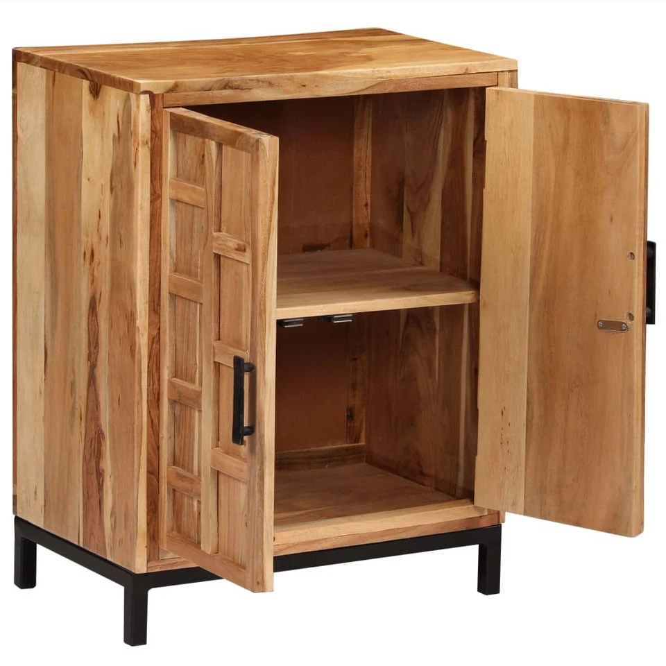 Sideboard Brown Solid Acacia Wood 60x35x76 cm Powder-Coated Steel Base 2-Door UK - Image 3 of 4