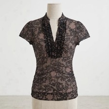 Pink Black Floral Lace Print Ruched Ruffle V Neck Top Shirt Whimsigoth Goth Y2K