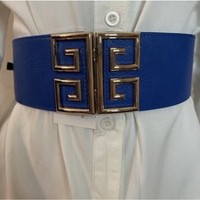 Royal blue PU leather square buckle elastic waistband belt