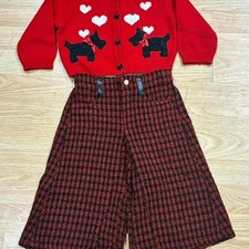 Adorable Girl's Red And Black Scotty Dog Sweater  Cropped Plaid Pants Size 5