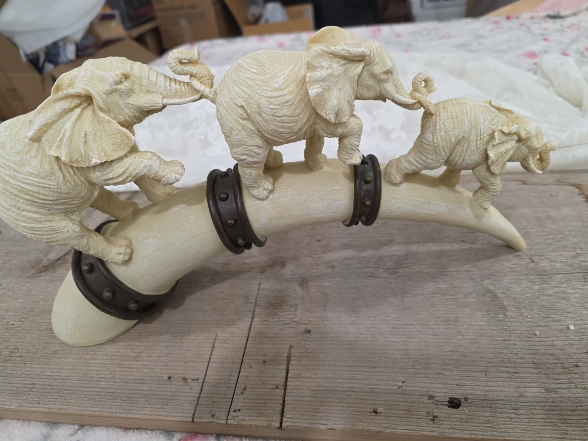 Vintage Elephant Figurine Sculpture Faux Ivory Tusk Resin Safari