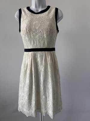 MILLY Sz: 2 Ivory and Navy Eyelet A Line Summer Dress (b56)
