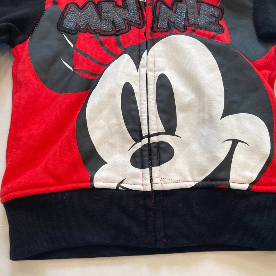Disney Niñas Minnie Mouse Rojo/Negro Polar Cremallera Sudadera con Capucha, Orejas de Ratón, 2T Foto 3 de 4