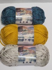 3 Skein Lion Brand Mixed Yarn Hometown Bulky 5oz 81y Lot Tweed Ivory Teal Yellow