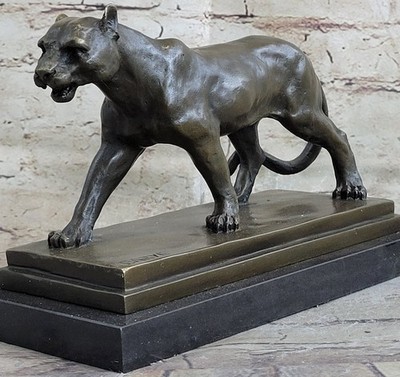 Cougar Mountain Lion Lioness Bronze Statue Sculpture Marble Base 6'' x 10''