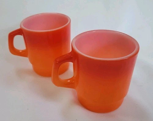Pair (2) Vintage Anchor Hocking Fire King Ware Orange Coffee Mugs Cups