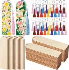 50 PCS Unfinished Wood Bookmarks with 50 PCS Colorful Tassels - DIY Bookmarks fo